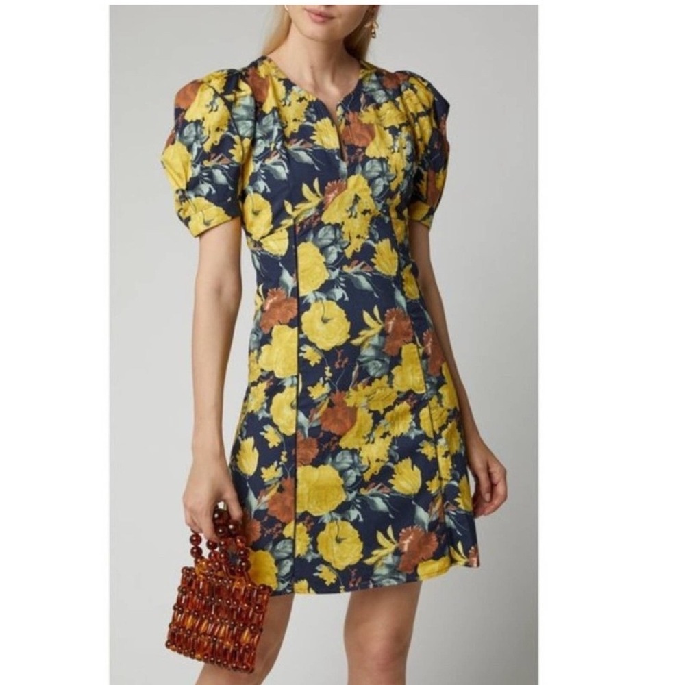 Sea New York Floral‎ Puff Sleeve V Neck Mini Dress Ella Size 6 Yellow Blue